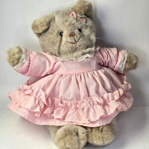 Vintage Kitten Plush Pink Dress Bow Stuffed Animal Toy Cat Kitty Ruffles 13 inch